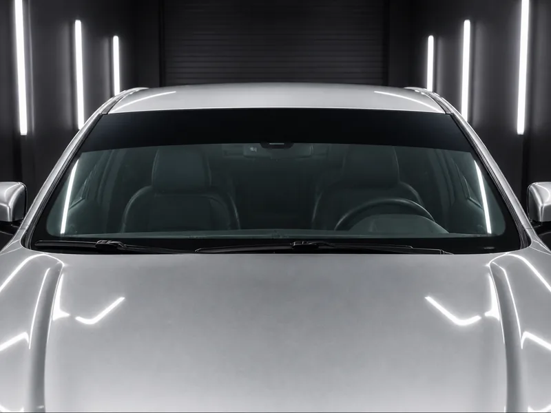 Close view of a windshield and upper sun strip area