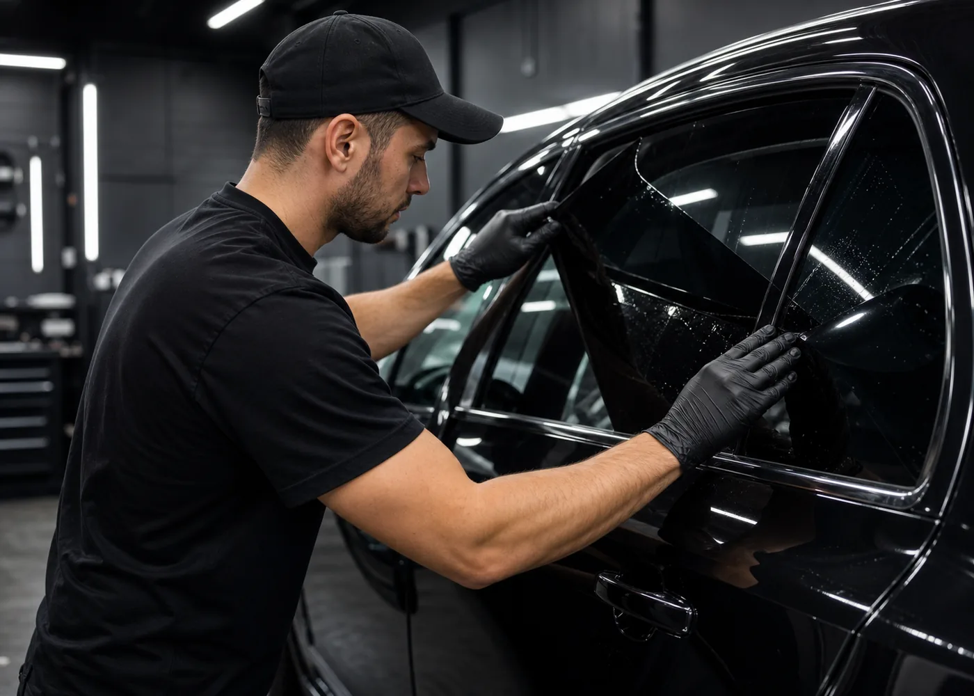 Technician installing tint film on a vehicle window